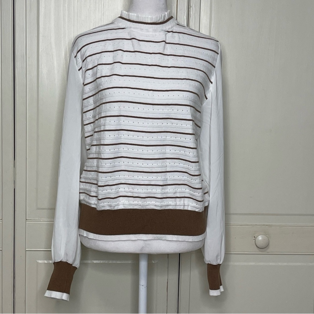 Sioni White and Brown Striped Knit Sweater